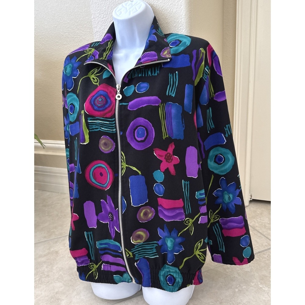 Vintage Teddi Women Abstract Floral Zip Up Jacket Black‎ Purple Blue Retro L